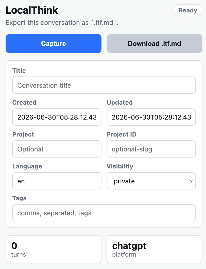 LTF Builder Chrome extension popup showing Capture, Download, metadata fields, and export status.